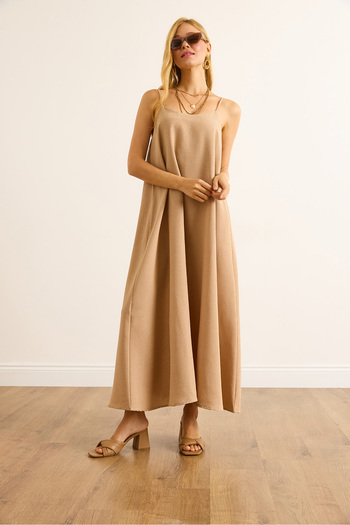Olalook Women's Camel Strap Adjustable Linen Bell Dress Elb-19002527