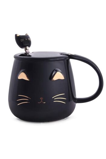 Generic Sulfar Angelice Home Black Cat Mug, Cute Kitty Ceramic Coffee Mug with Stainless Steel Spoon, Novel