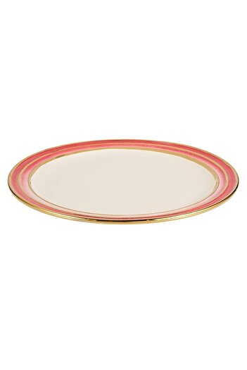 Generic Harmony Ceramic Three Lines Round Plate - 13.5 Inches Pink And Gold Multi Color