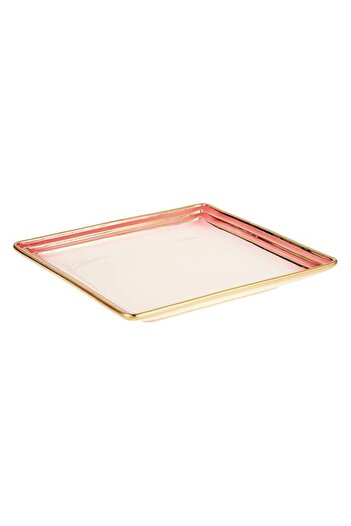 Generic Harmony Ceramic Three Lines Square Plate - 10.5 Inches Pink And Gold Multi Color