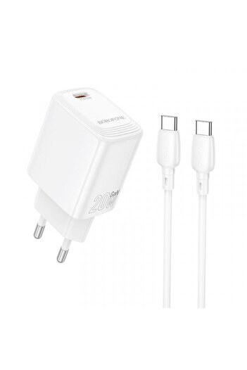 Borofone Încărcător de rețea cu cablu USB-C BN26 Fuente, 20W, 3A, 1 x USB-C (Alb)