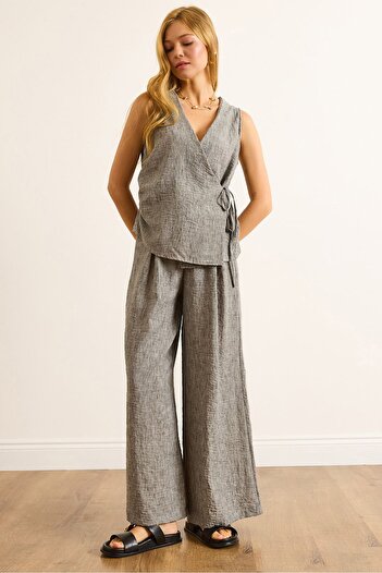 Olalook Women's Gray Wrap Blouse Pleated Trousers Suit Tkm-19000423