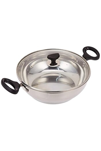 Generic CRYSTAL SS INDUCTION BOTTOM KADHAI DIA 250 MM (3.4L) WITH GLASS LID & TWO SIDE BAKELITE BLACK HANDL