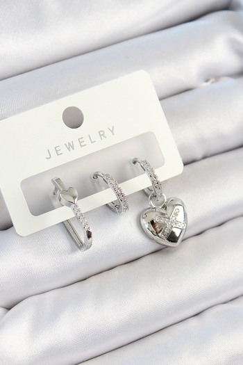 STİLLOVE Brass Zircon Stone Heart Model Silver Color 3-Piece Double Women's Earring Set