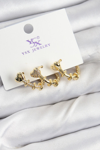 STİLLOVE Brass Zircon Stone Heart Model Gold Color 3-Piece Women's Earrings