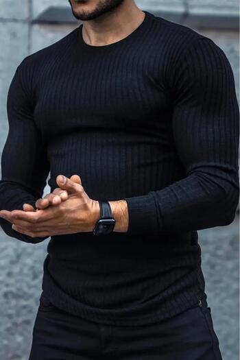 Oksit Jordao Ribbed Slim Fit Lycra Crew Neck Men's Long Sleeve Tshirt