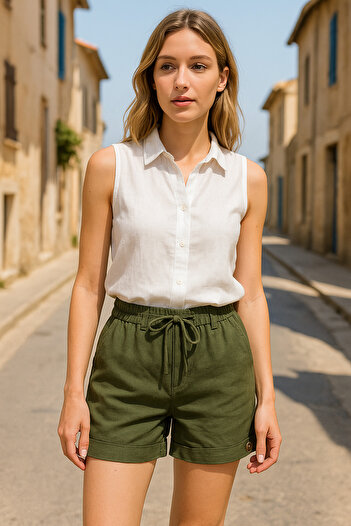 Duss Comfortable Cut Women's Linen Shorts with Elastic Waist and Button Detail