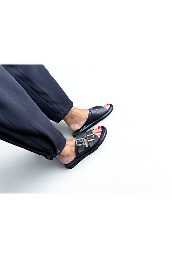 NE&VE SHOES Papuci negri din piele naturală pentru femei cu cataramă