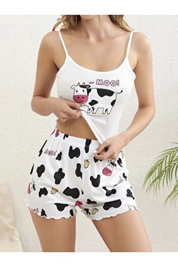 HUBANN Cow Moo Patterned Suspender Shorts Pajamas Set