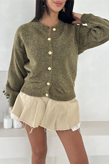 FEMELLE Khaki Gold Button Detailed Knitwear Cardigan Standard Size Soft Texture
