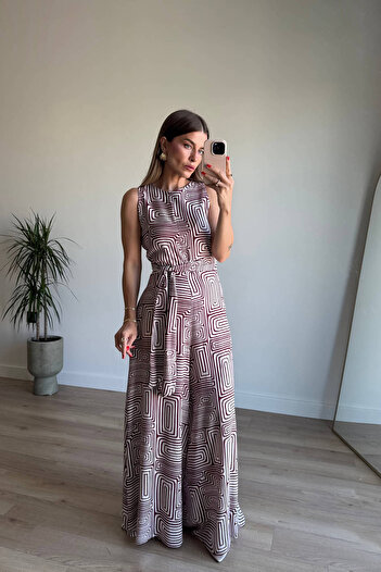 Sue Store Burgundy Ecru Geometric Patterned Wide Leg Belted Jumpsuit