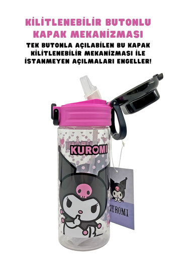 WİGGLE 500ml Kuromi Licensed Soft Silicone Lockable Water Bottle with Straw and Handle