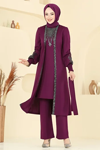 ModaMerve Sequin Detail Suit Asm2805-Ms Plum