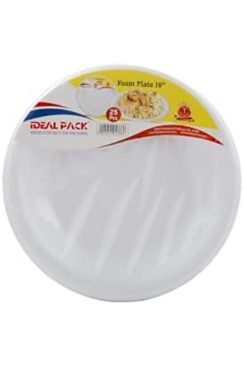 Ideal Pack 10-Inch Foam Plates – 25 Pieces | Durable, Lightweight & Disposable | Perfect for Parti