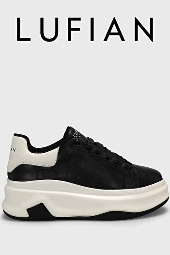 Lufian Genuine Leather Lace-Up Unisex Sneaker Shoes Black-White