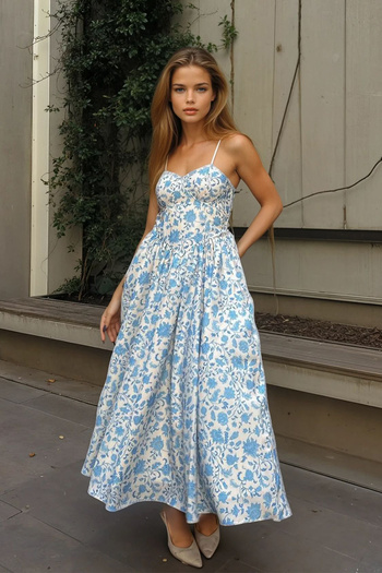 VAGGON Women's Blue Heart Neckline Floral Print Slim Strap Flared Dress Vs00742