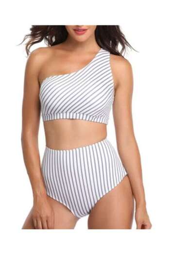 Mixbo Women's Two-Piece Swimsuit Mixbo, High-Waist Briefs White with Stripes, Size L