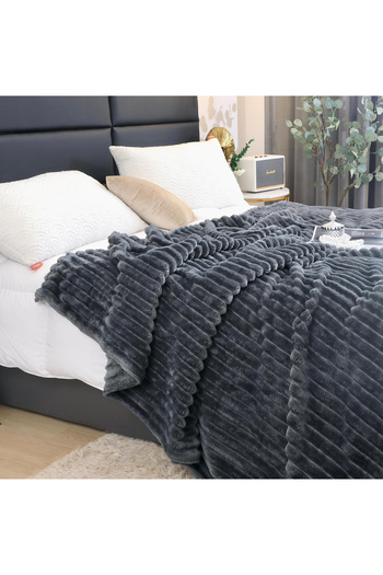 JOJO HOME Fluffy striped cocolino blanket, double bed, PCD-06, petrol grey, 200 x 230 cm