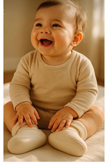 PURE BABY NATURA 0-6 ay Fitilli Esnek Erkek Bebek Patik, Panduf Ekru