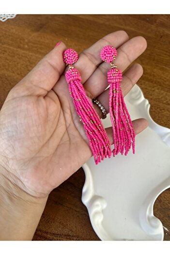 Baykuşca Pink Gold Long Dangle Earrings