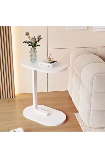 Kardett White C-Shaped side table, engineered wood top and durable metal frame, modern table for