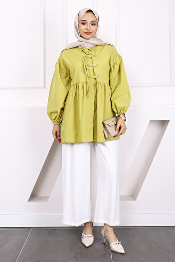 İmajButik Oil Green Sleeve Elastic Front Buttoned Tunic