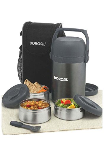 Borosil 3 Layer Hot N Fresh Lunch Box Silver 16x16x28cm