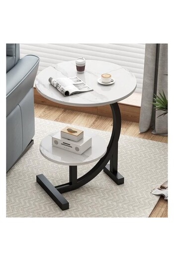 Kardett Round coffee table with two tops, white marble design, side table for living rooms