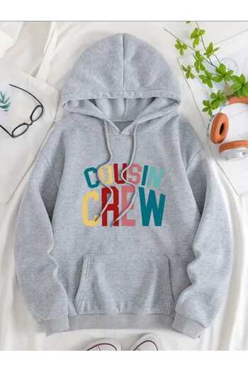 caddekombin Cousin Crew Printed Hooded Pocket Cotton Gray Sweatshirt
