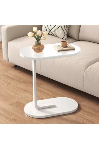 Kardett White C-Shaped side table, engineered wood top and durable metal frame, modern table for