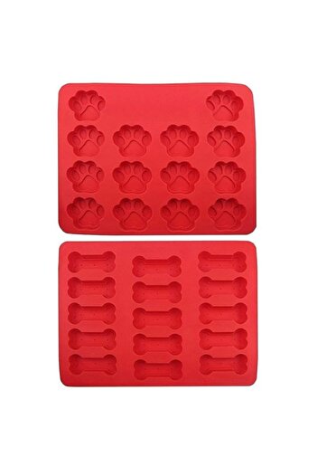 Generic 2-Pack Silicone Dog Tray Mold (one tray with bones, one tray with paws) Treats For Pets - Red