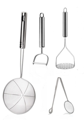 Assess Store Colander Frying Tongs Peeler and Potato Masher Set