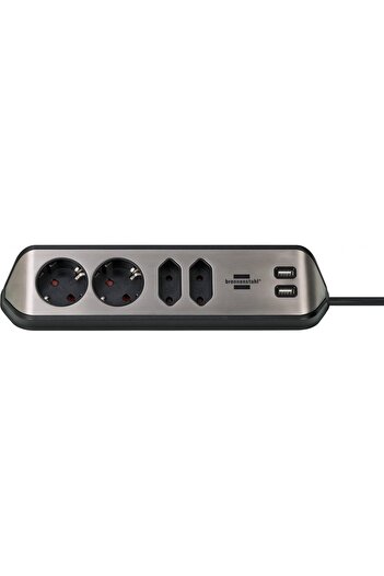 Brennenstuhl Estilo corner wall extension 4 sockets, 2 USB, 3.1 A, 2m Stainless steel, Adhesive included