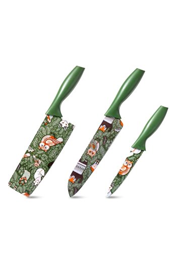 Generic مجموعة سكاكين مطبخ TJ POP، 3 قطع، مصنوعة من الفولاذ المقاوم للصدأ غير اللاصق، ألوان مطبوعة مناسبة للطعام