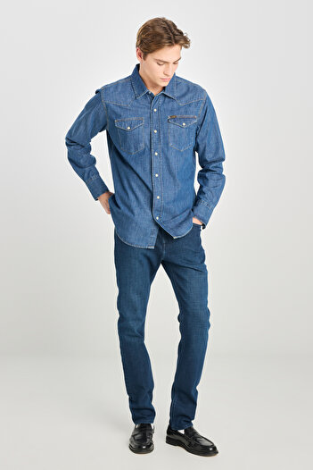Lee %100 Pamuk Κανονική Εφαρμογή Κανονική Kesim Erkek Mavi Cep Detaylı Jean Denim Kot Gömlek