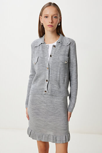 Happiness İstanbul Women's Gray Stylish Buttoned Knitwear Cardigan Skirt Suit Ki̇00152