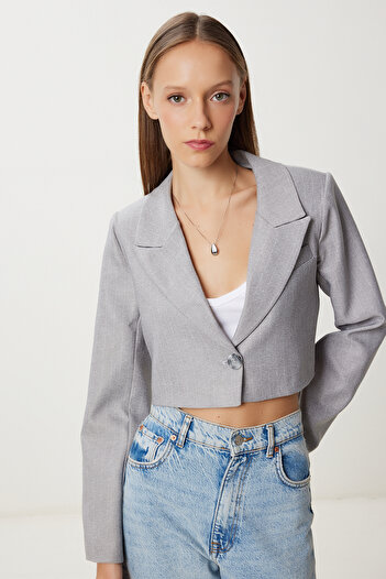 Happiness İstanbul Women's Gray Striped Padded Crop Woven Jacket Kt00027