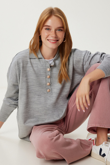 Happiness İstanbul Women's Gray Polo Neck Stylish Buttoned Knitwear Sweater Ki̇00161