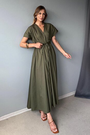 Trendyol Collection Khaki Waist Tie Detailed Midi Poplin Woven Dress TWOSS25EL00925