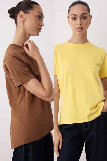 Trendyol Collection Brown-Yellow 100% Thick Cotton Long Knitted Back T-Shirt Twoaw26Ts00008