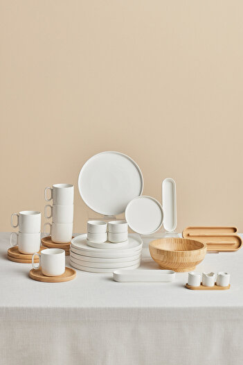 Karaca Forever Bone Surface 32 Piece Breakfast Set for 6 People with Bamboo Bowl