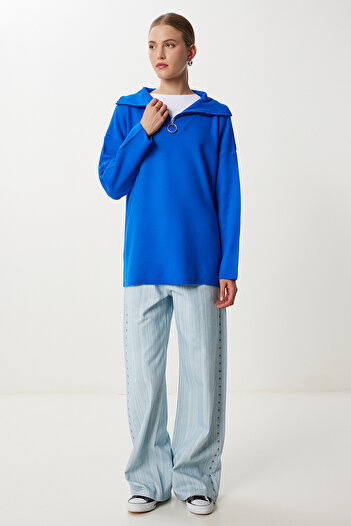 Happiness İstanbul Kadın Koyu Mavi Fermuarlı Oversize Triko Kazak YY00263