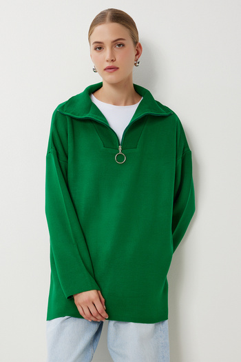 Happiness İstanbul Pulover de tricotaj oversize cu fermoar verde închis pentru femei YY00263