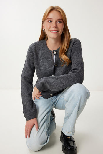 Happiness İstanbul Women's Anthracite Stylish Buttoned Pocket Knitwear Cardigan Pf00116