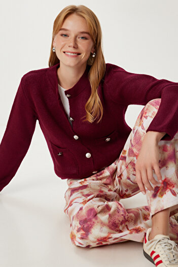 Happiness İstanbul Women's Burgundy Stylish Buttoned Pocket Knitwear Cardigan Pf00116