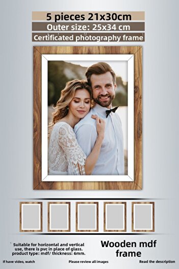 bymat 5 Pieces 21X30 Frame - Wooden-White Striped Frame - A4 Frame - Diploma Frame with Pvc