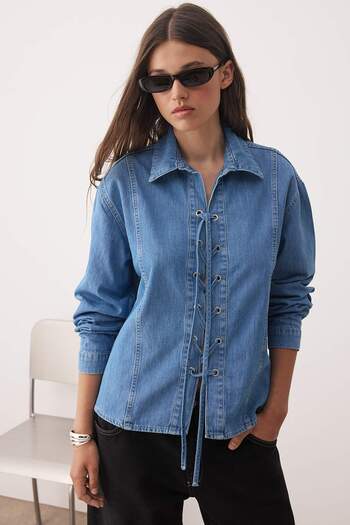 Trendyol Collection Blue Eyelet Lacing Detailed Denim Shirt Twoaw26Go00003