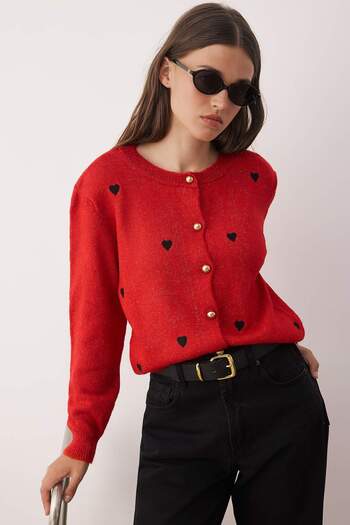 Trendyol Collection Red Soft Texture Embroidery Embroidered Knitwear Cardigan Twoaw26Hi00157