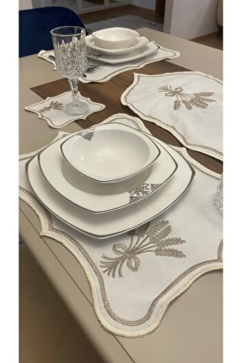 NB Neubella Home Nerina 13 Piece Luxury American Service Runner Presentation Embroidered Cover Set Carefree Dowry Linen for 6 People