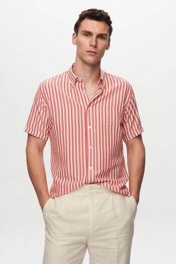 D'S Damat Ds Groom Slim Fit Red Seersucker Striped Short Sleeve Summer Shirt